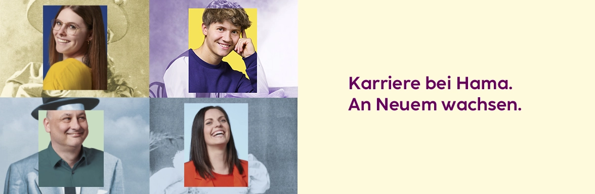Die 4 Unternehmensbotschafter neben dem Arbeitgeberclaim "Karriere bei Hama. An Neuem wachsen."